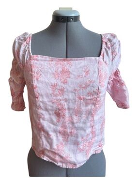 Cynthia Rowley 100% Linen Pink Toile Print Puff Sleeve Corset Top Cottagecore